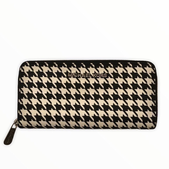 Michael kors black white herringbone wallet zipper - Picture 1 of 10